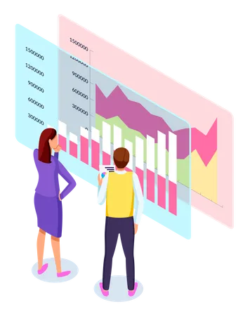 3 D Isometric Vector Illustration Office Workers Looking At Digital Screen With Growing Graphics Guy Holding Papers With Financial Plan In Hand People Analysing Statistic Strategy Analytics Illustration