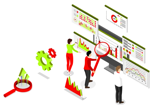 Business Analysis Technology Concept Isometric Vector Illustration Process Working With Big Database On Data Center System For Diagrams Of Sales Management Statistics And Operational Reports Illustration