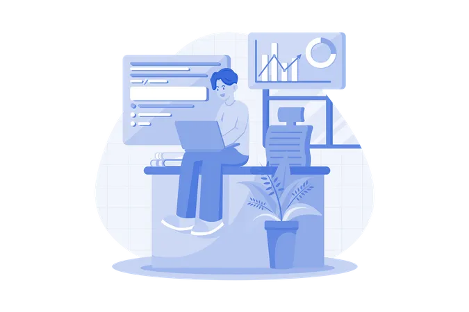 Guy Sitting At A Table On The Laptop At Home Illustration