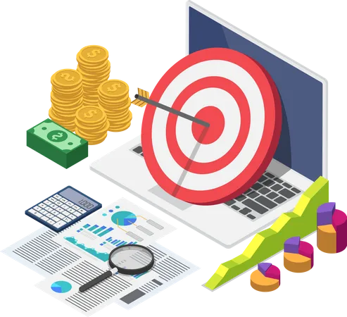 Flat 3 D Isometric Target With Arrow Hit The Center On Laptop With Business Data Analysis Target Audience And Business Strategy Concept イラスト