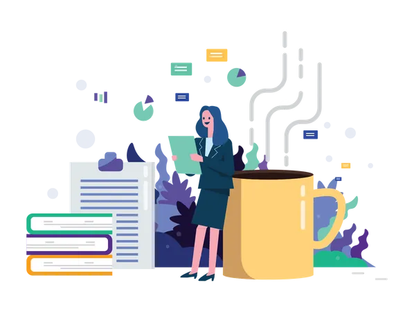 Business Woman Reading Report With Hot Coffee Office Life Flat Illustration Vector Design Illustration
