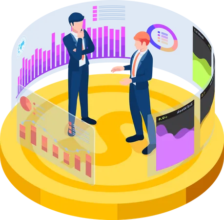 Flat 3 D Isometric Business People Standing On Dollar Coin And Analyse Business Graph Chart Business Analysis And Financial Concept 일러스트레이션