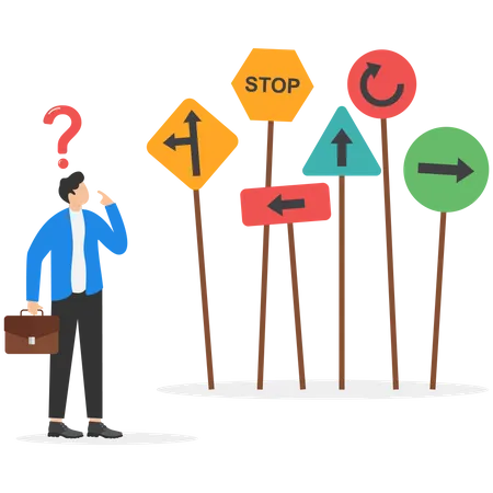 Business Decision Making Career Path Choose The Right Way To Success Concept Confusing Businessman Looking At Multiple Road Sign With Question Mark And Thinking Symbol Illustration