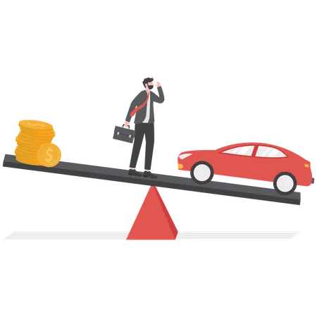 Money And Car Business Deficit Concept Stressful Businessman Standing On The Unbalanced Seesaw Between Income And Daily Expenses Illustration
