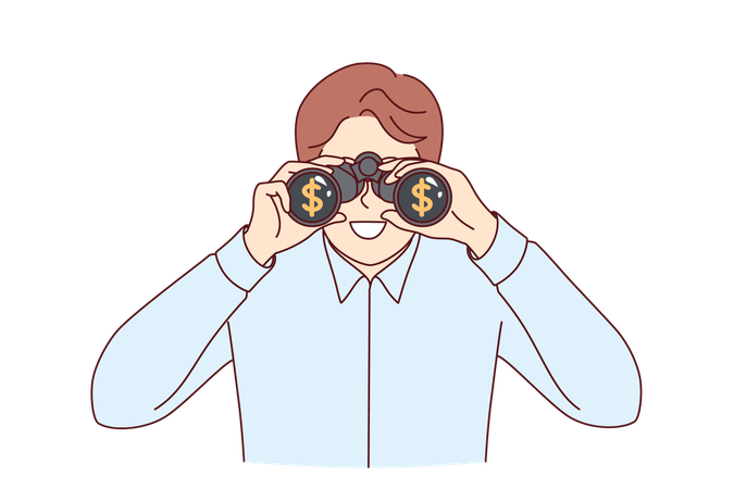 Business detective monitors work of competitors through binoculars to increase corporate profits  Illustration