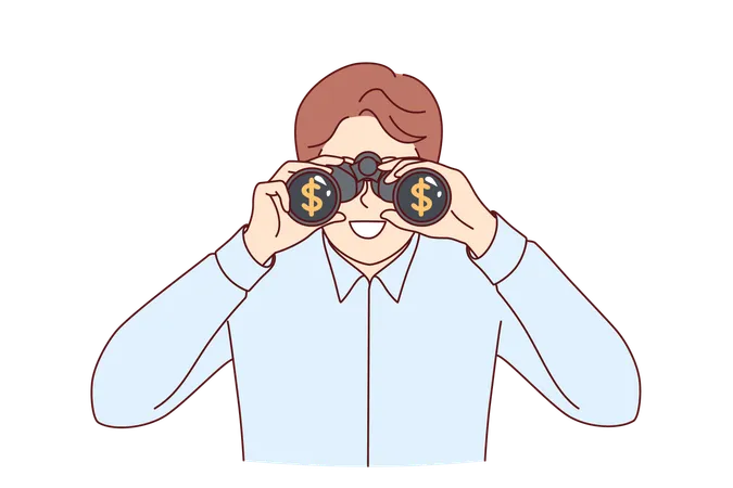 Man Business Detective Monitors Work Of Competitors Through Binoculars To Increase Corporate Profits Business Guy Looks To Future And Rejoices At Availability Of Opportunities For Money Making Illustration