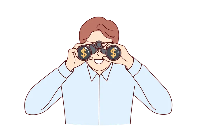 Business detective monitors work of competitors through binoculars to increase corporate profits  Illustration