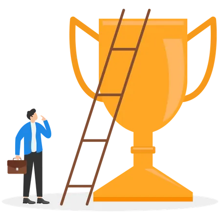 Business Difficulty Building Ladder To Success Strategy And Plan To Grow And Achieve Target Or Goal Ambition And Aspiration Concept Businessman Difficulty Of Climbing To Top Of Champion Trophy Cup Illustration
