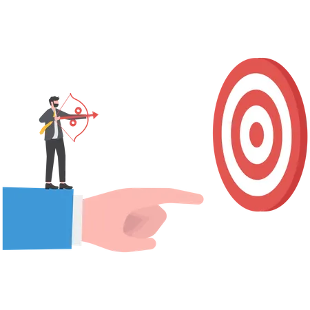 Business Advantage Or Efficiency Businessman Stand And Holding A Bow On The Giant Hand Pointing To The Target Business Direction To Achieve Goal Or Target Illustration