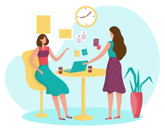 Two Women Meeting Time Together At Meeting Room With Laptop Computer Flat Vector Illustration Design Illustration
