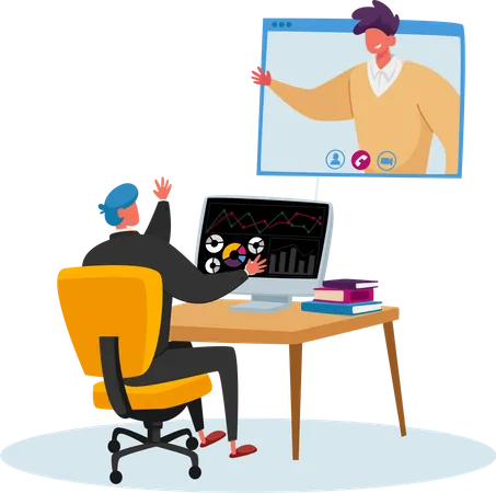 Office Worker Sit At Desk Chatting With Coworker Via Webcam Conference On Computer Screen Business Man Character Speak On Video Call With Colleague Online Meeting Cartoon People Vector Illustration Illustration