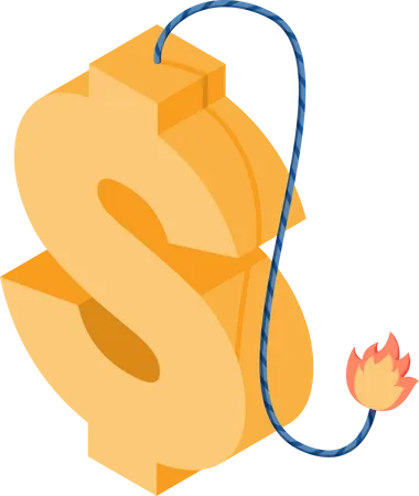 Flat 3 D Isometric Golden Dollar Symbol With Burning Fuse Financial And Economic Crisis Concept Illustration