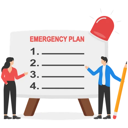Business Emergency Plan Checklist To Do When Disaster Happens To Continue Business And Build Resilience Concept Smart Businessman Leader Holding Pencil With Paper Of Emergency Plan Flashing Siren Illustration
