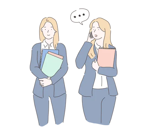 Business employee standing together and talking on mobile  Illustration