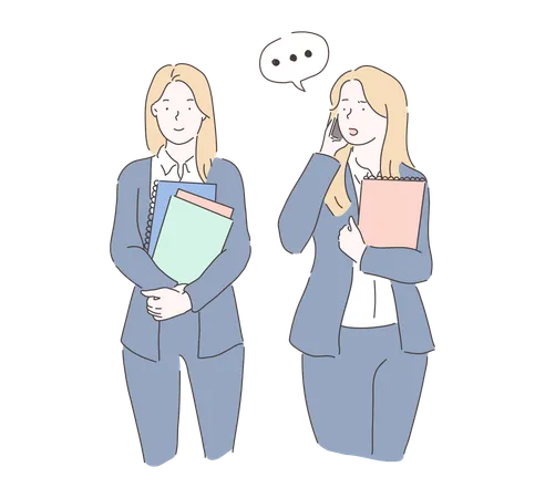 Business employee standing together and talking on mobile  Illustration