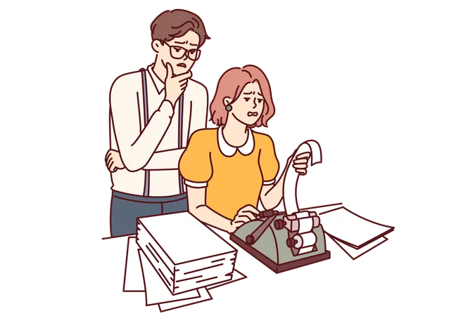 Retail Business Employees Are Changing Cash Tape Into Check Issuing Equipment And Are Experiencing Problems Due To Outdated Cash Machine Man And Woman Doing Financial Audit In Company Illustration