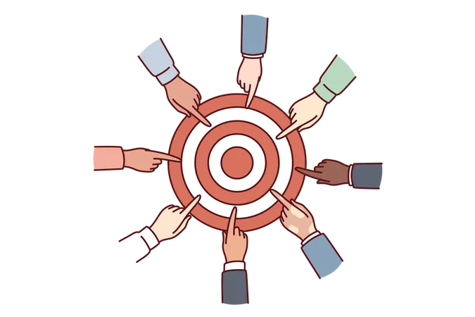 Hands Of Diverse People Near Target For Concept Of Collaboration For Solving Joint Task And Teamwork In Business Achieving Set Goals To Gain Strategic Advantages And Leadership Over Competitors Illustration