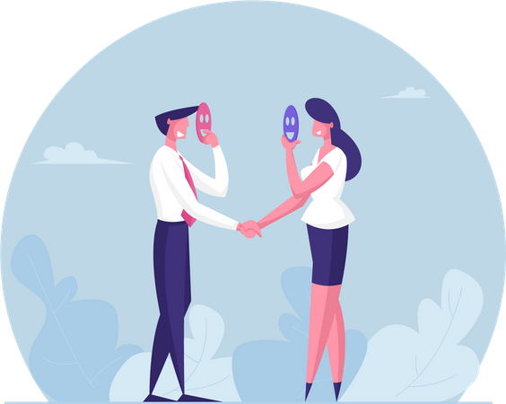 Business employees hiding reality while handshaking  Illustration