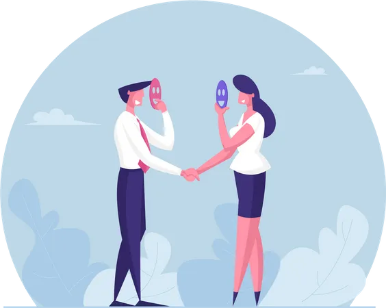 Business employees hiding reality while handshaking  Illustration