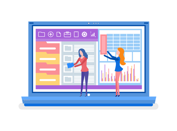 Business employees managing charts in laptop  Illustration