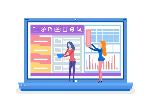Business employees managing charts in laptop  Illustration