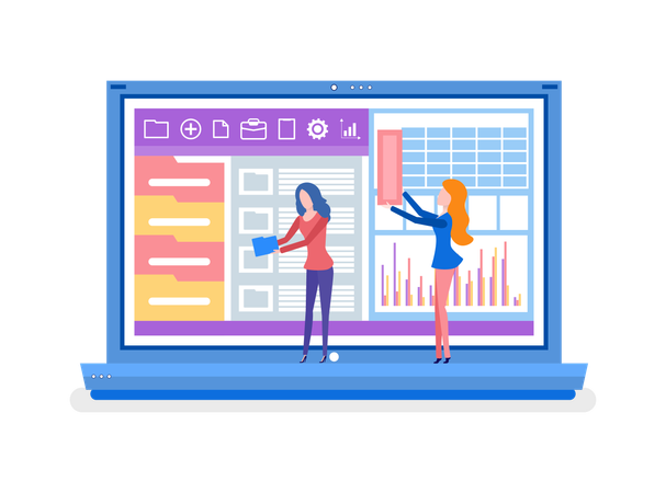 Business employees managing charts in laptop  Illustration