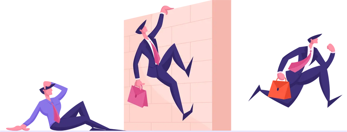 Business People Characters Obstacle Race Managers Holding Briefcase With Documents Jumping Over Barrier Wall On Stadium Leadership Running Colleagues Steeplechase Cartoon Flat Vector Illustration Illustration