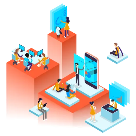 Working Process Concept Business People Work In Team Brainstorming Team Workers Sitting At The Desk Isolated Vector Isometric Illustration Illustration
