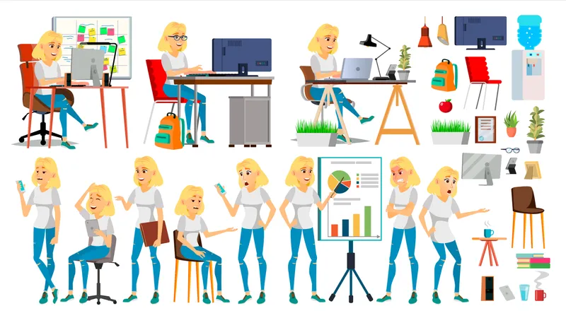 Business Woman Character Vector Blonde Elegant Modern Girl Expressions Working On The Computer Desk Brainstorming Cartoon Illustration Illustration