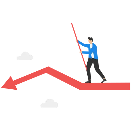 Business Executive Character Doing Sky Walking And Balancing Carefully On Declining Red Arrow Illustration