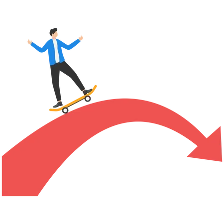 Business Executive Riding On Surfboard Arriving At Turning Down Point Of Red Bold Arrow Illustration
