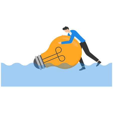 Drowning Light Bulb Idea Falling Thoughts Concept Business Cartoon Character Design Illustration