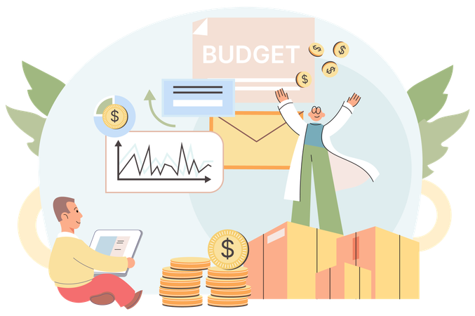 Business financial consultants analyze income and expenses of company budget  Illustration