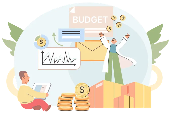 Business financial consultants analyze income and expenses of company budget  Illustration