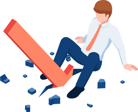Flat 3 D Isometric Red Arrow Falling Between Businessman Legs Business And Financial Crisis Concept Illustration