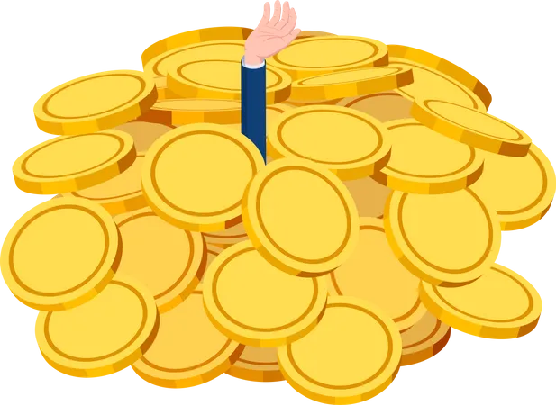 Flat 3 D Isometric Businessman Drowned In Gold Coin Pile Financial Crisis Or Business Success Concept Illustration