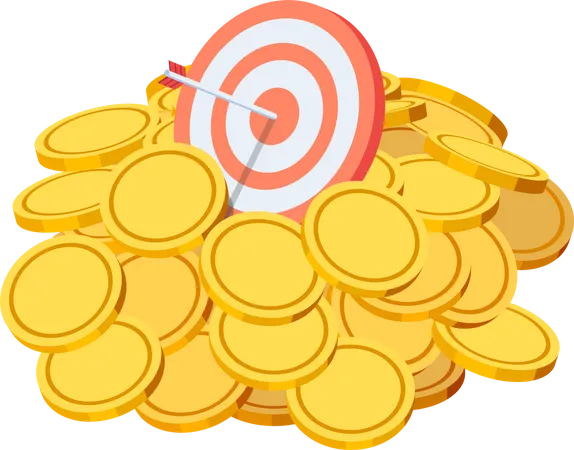 Flat 3 D Isometric Business Target With Arrow In The Center In Gold Coin Pile Business Target And Achievement Concept Illustration
