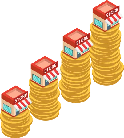 Flat 3 D Isometric Shopping Store On The Top Of Growing Coin Stack Franchise Business Marketing Concept Illustration