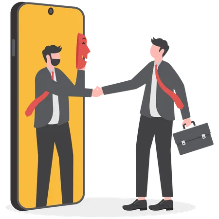 Business Fraud Or Betrayal Businessman Shaking Hands With His Partner Hiding Behind Mask Illustration