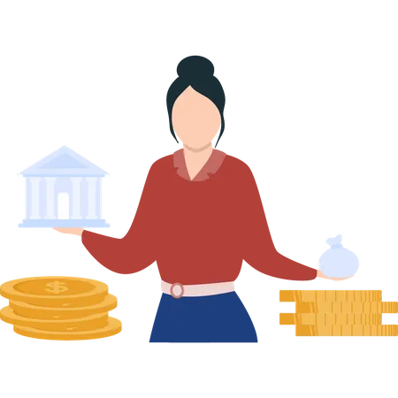 A Girl With A Bank In Her One Hand And Dollar Bag In Other Hand Standing Near Some Dollar Coins Illustration