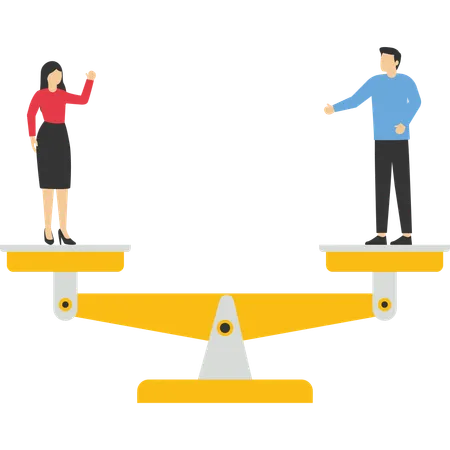 Business Gender Equality Vector Concept With Businessman And Businesswoman Standing On Weigher Or Scales On The Same Height Symbol Of Equal Pay Salary Fairness And Justice And Emancipation Illustration