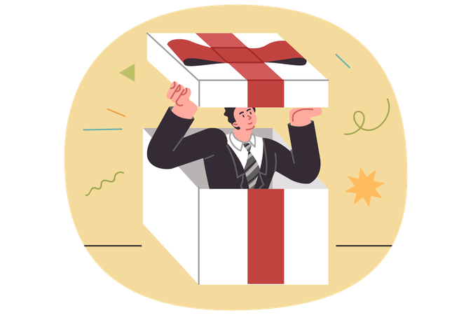 Business gift with man inside giant box decorated with red bow symbolizing present for partners  Illustration