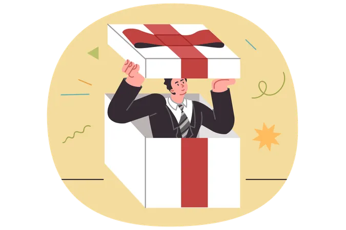 Business gift with man inside giant box decorated with red bow symbolizing present for partners  Illustration