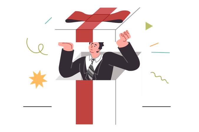 Business gift with man inside giant box decorated with red bow  Illustration