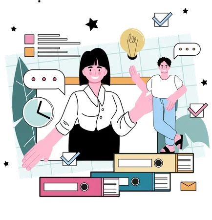 Business girl and man showing business idea  Illustration