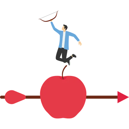 Business Goal Achievement Confidence Businessman With Archer Standing On Apple Hit By His Accurate Arrow Illustration