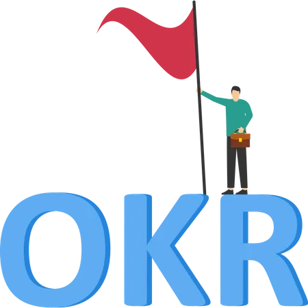 OKR Goals And Key Results Framework To Measure Success And Improvement Entrepreneur Holding Victory Flag On Target With OKR Work Setting Goals Or Defining Measurable Targets For Business Concepts Illustration