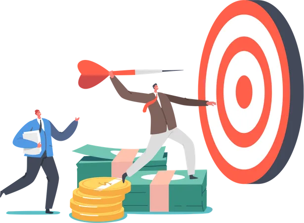 Business Goals Achievement Concept Tiny Businessman Character Throw Darts To Huge Target Aim Mission Challenge Task Solution High Growing Risk Investment Cartoon People Vector Illustration Illustration