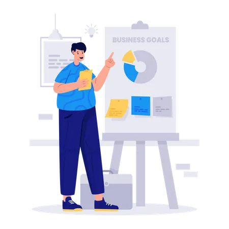 Business goals with man presenting about the company's business targets Illustration