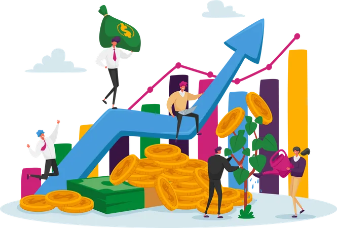 Income Growth Concept Businesspeople Characters Teamwork Cooperation Team Of Businesspeople Climbing Growing Arrow Chart Financial Success Wealth And Money Grow Cartoon People Vector Illustration Illustration